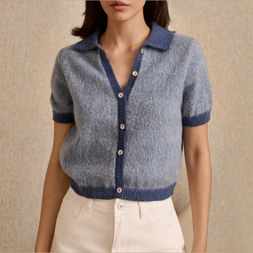 Blue Brushed Knit Contrast Trim Collared Short Sleeve Crop Cardigan